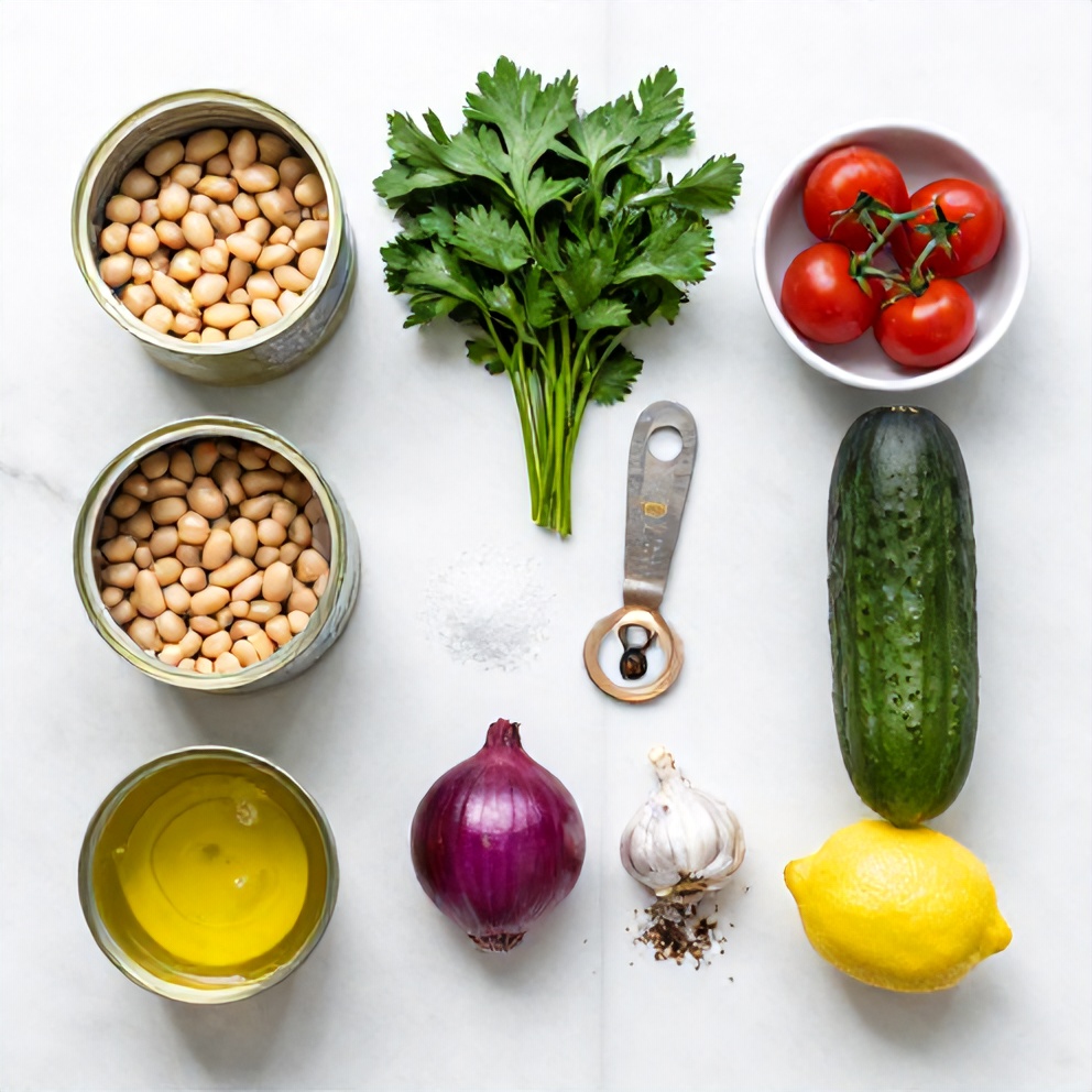 Raw ingredients for White Bean Tabbouleh Salad on a white marble surface