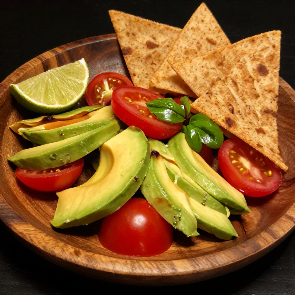 A plated serving of Zesty Avocado Tomato Salad with a lime wedge and tortilla chips